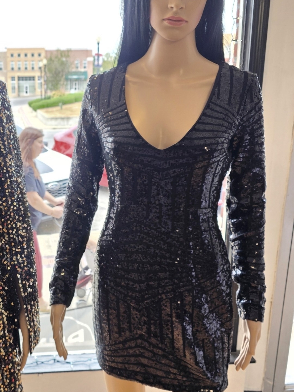 Black Sequin Long-Sleeve V-Neck Mini Dress
